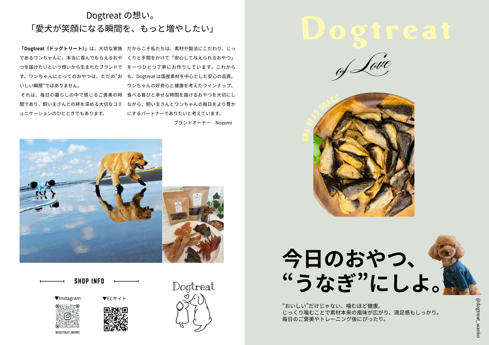 Dogtreatのブランドストーリー。国産うなぎを使った無添加おやつ。愛犬の健康を第一に考え、余計なものを一切入れずに手作りしました。